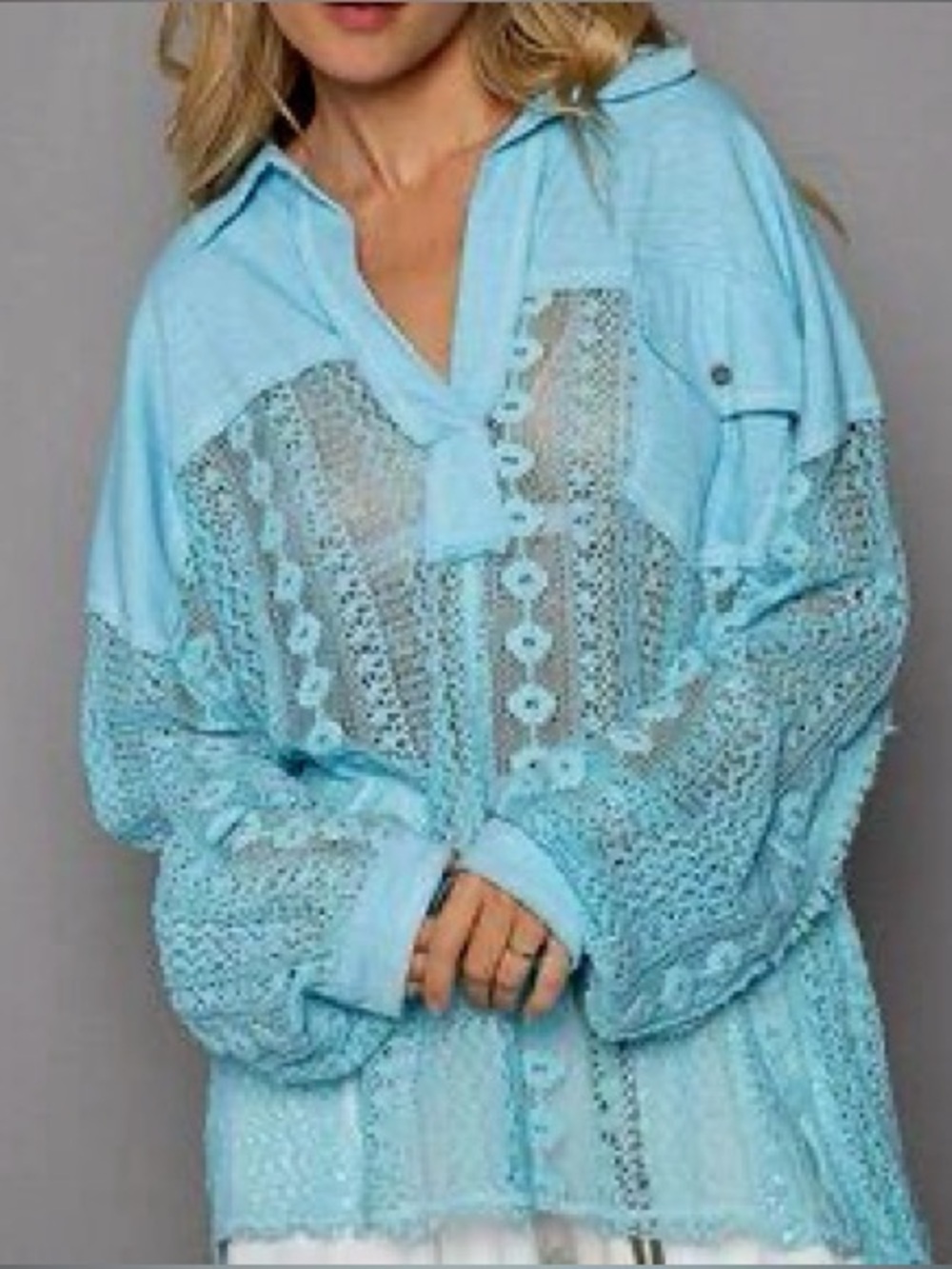 POL Blue Lace Crochet Detail Oversized Top w/Collar, Notch Neck and Pocket!